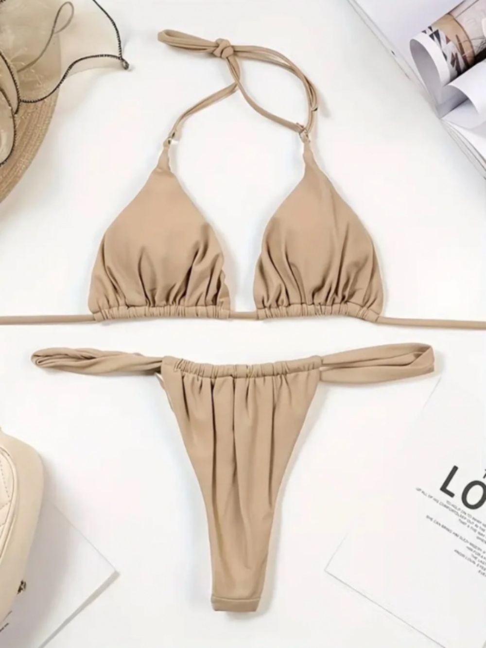 Nude Beige Thong Bikini Set